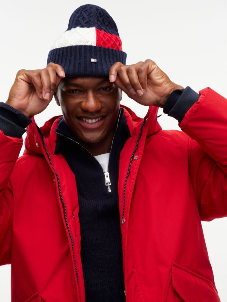 Blue Wool Blend Cable Knit Flag Beanie  Men