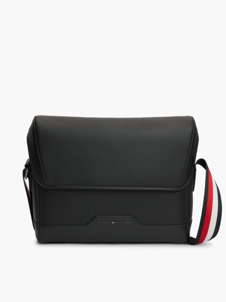 Black Global Stripe Strap Textured Messenger Bag  Men