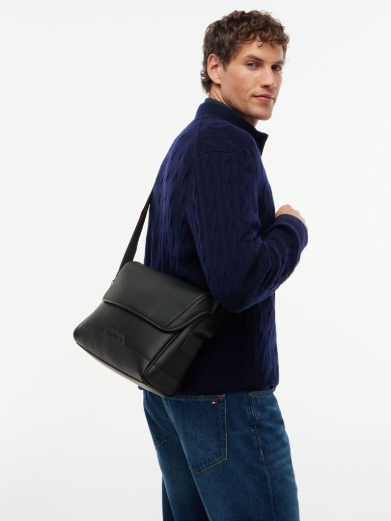 Black Global Stripe Strap Textured Messenger Bag  Men