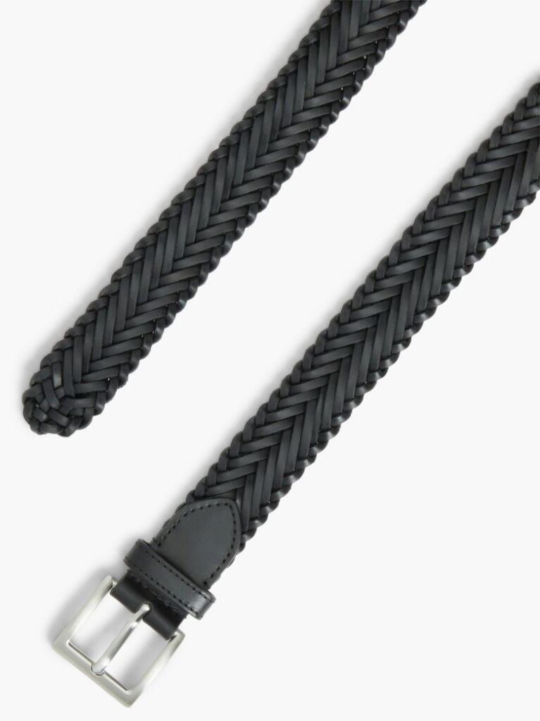 Black Square Buckle Braided Leather Belt  Men