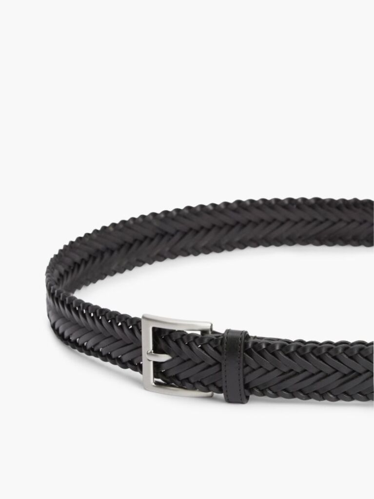Black Square Buckle Braided Leather Belt  Men