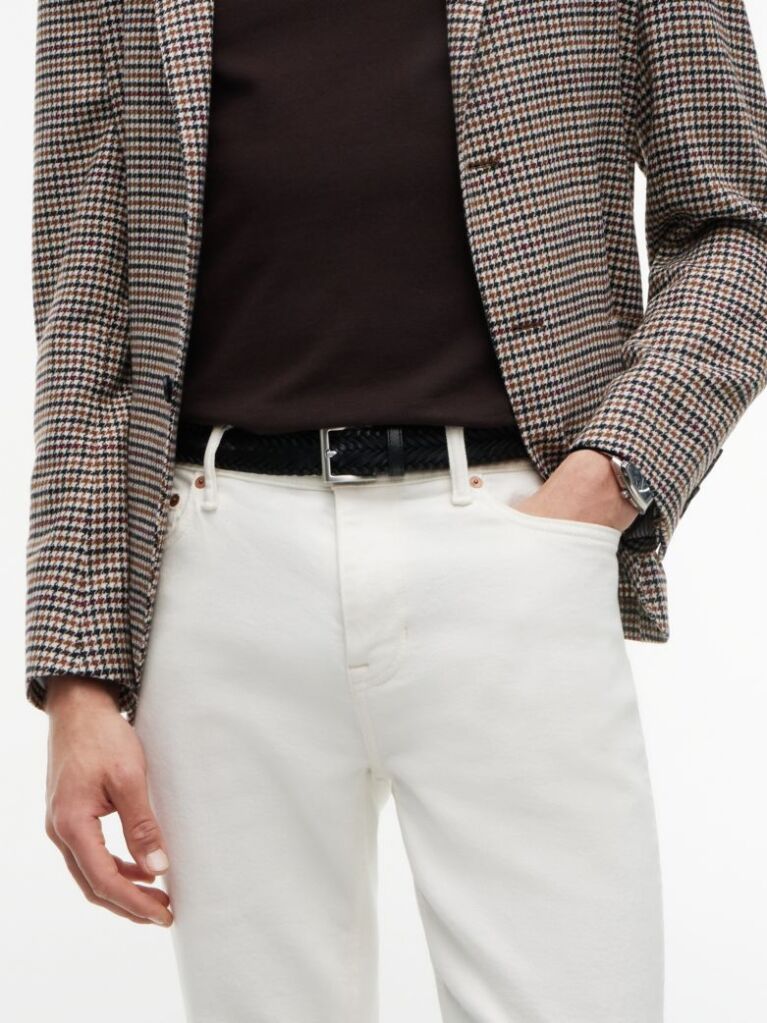 Black Square Buckle Braided Leather Belt  Men