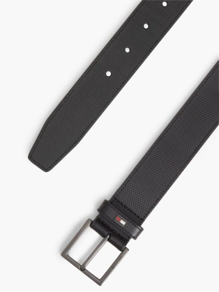 Black Leather Tonal Square Buckle Textured Belt  Men