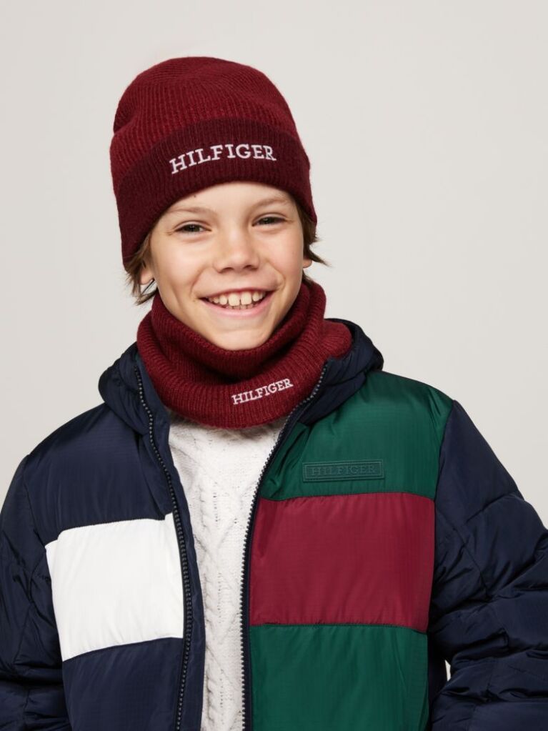 Red Kids' Hilfiger Monotype Beanie and Snood Set  Kids Unisex