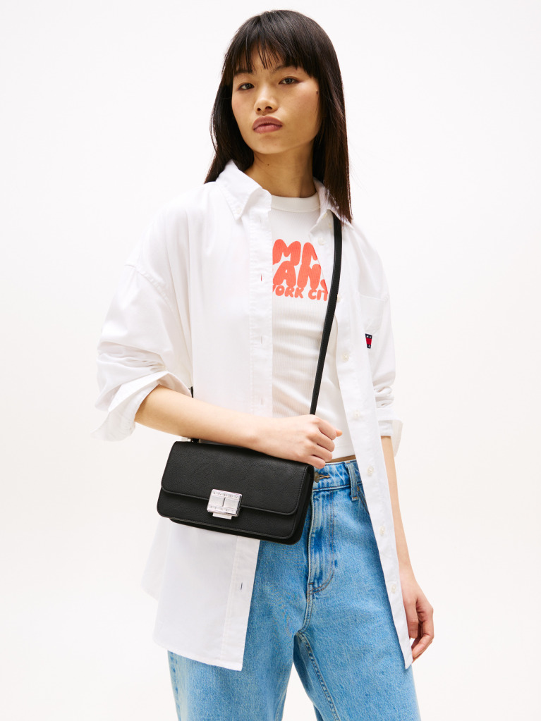 Black Logo Plaque Flap Crossbody Bag  Women