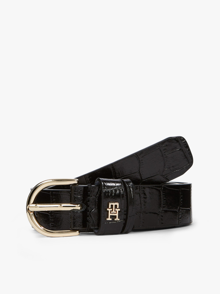 Black Essential Croco-Print Leather Belt  Women