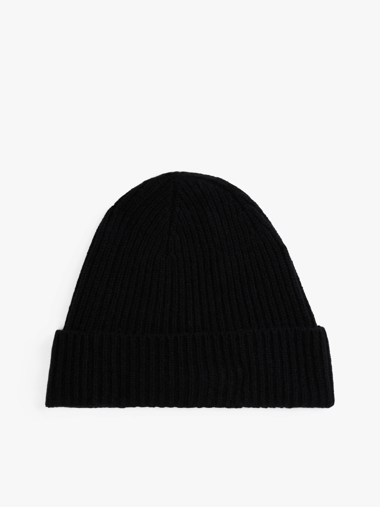Black Pure Cashmere Rib-Knit Beanie  Women