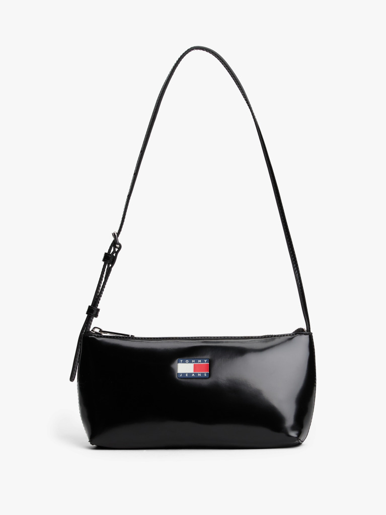 Black Shiny Logo Plaque Shoulder Bag  Women