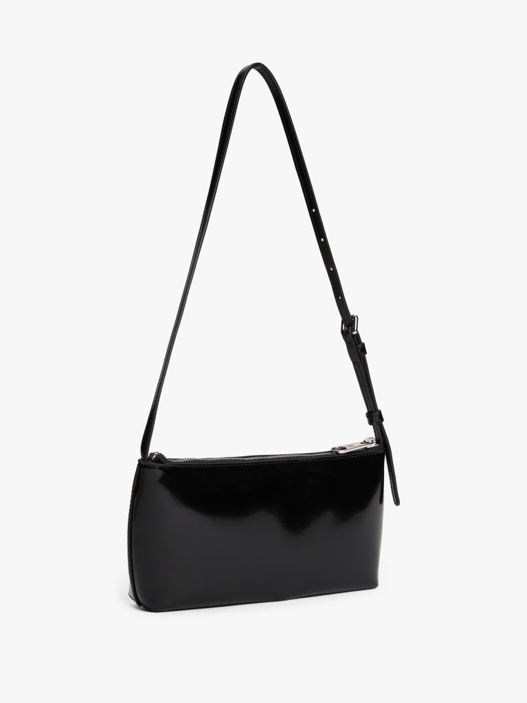 Black Shiny Logo Plaque Shoulder Bag  Women