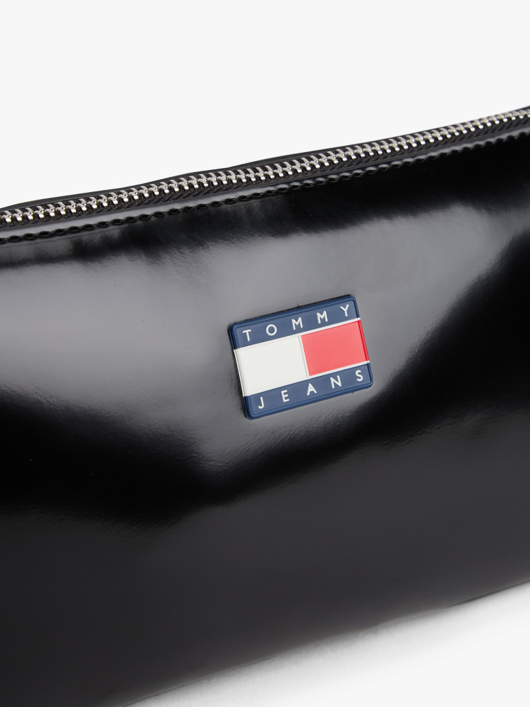 Black Shiny Logo Plaque Shoulder Bag  Women