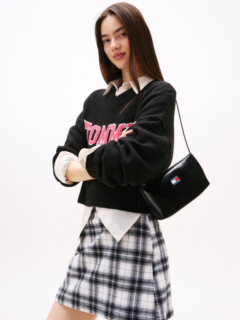 Black Shiny Logo Plaque Shoulder Bag  Women