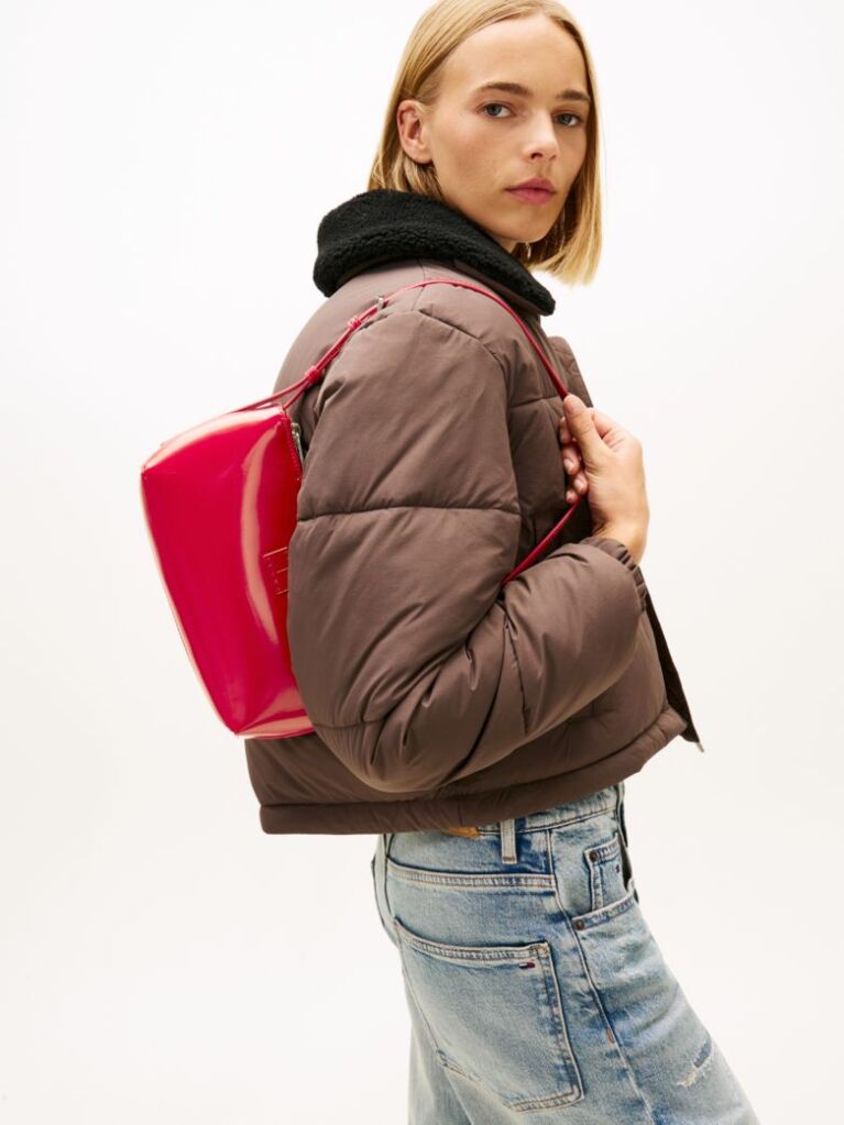Red Shiny Logo Plaque Shoulder Bag  Women