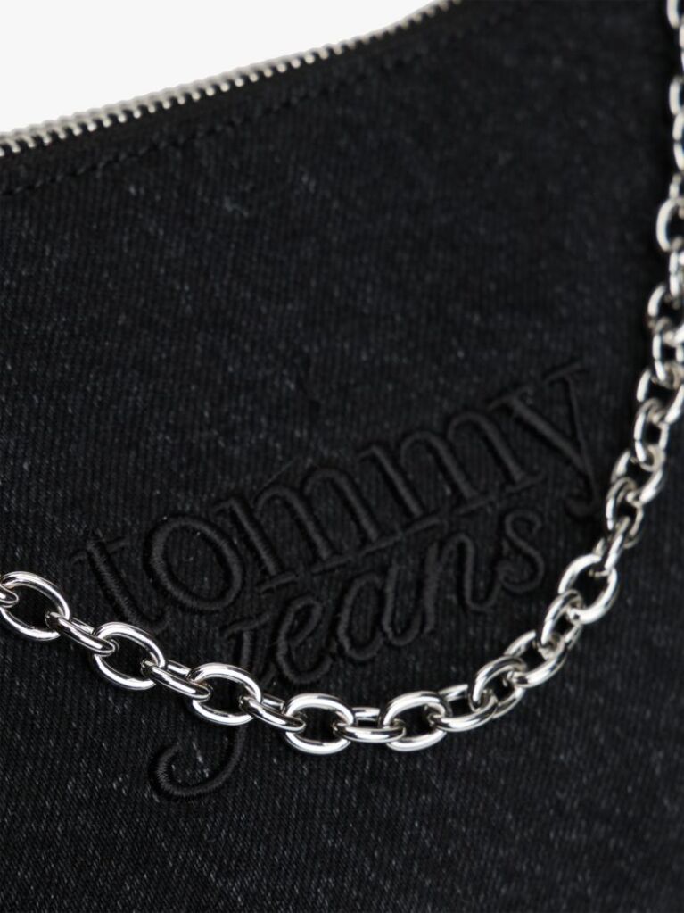 Black Logo Embroidery Denim Shoulder Bag  Women