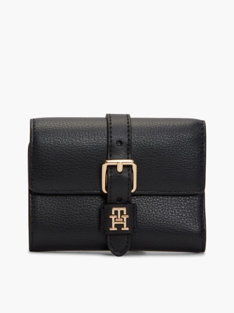 Black Pebble Grain Buckle Trifold Wallet  Women