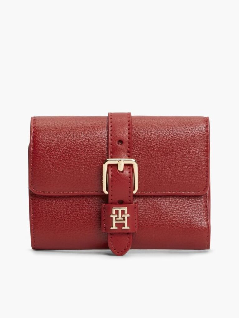 Red Pebble Grain Buckle Trifold Wallet  Women
