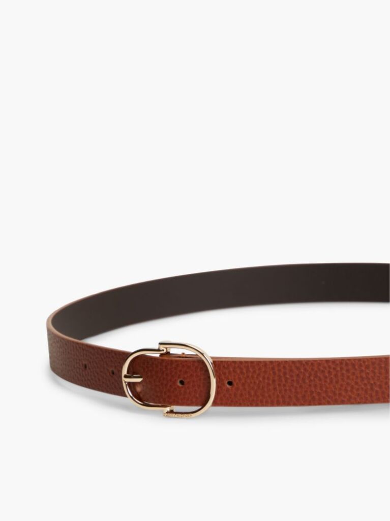 Brown Pebble Grain Leather Double Loop Belt  Women