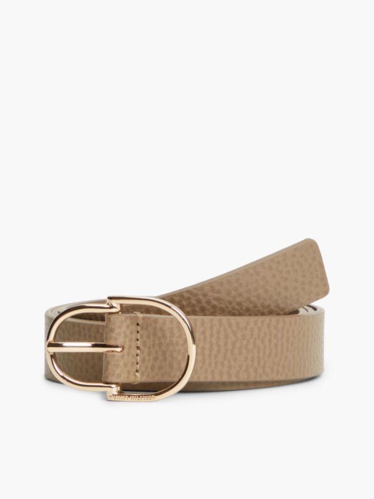 Beige Pebble Grain Leather Double Loop Belt  Women