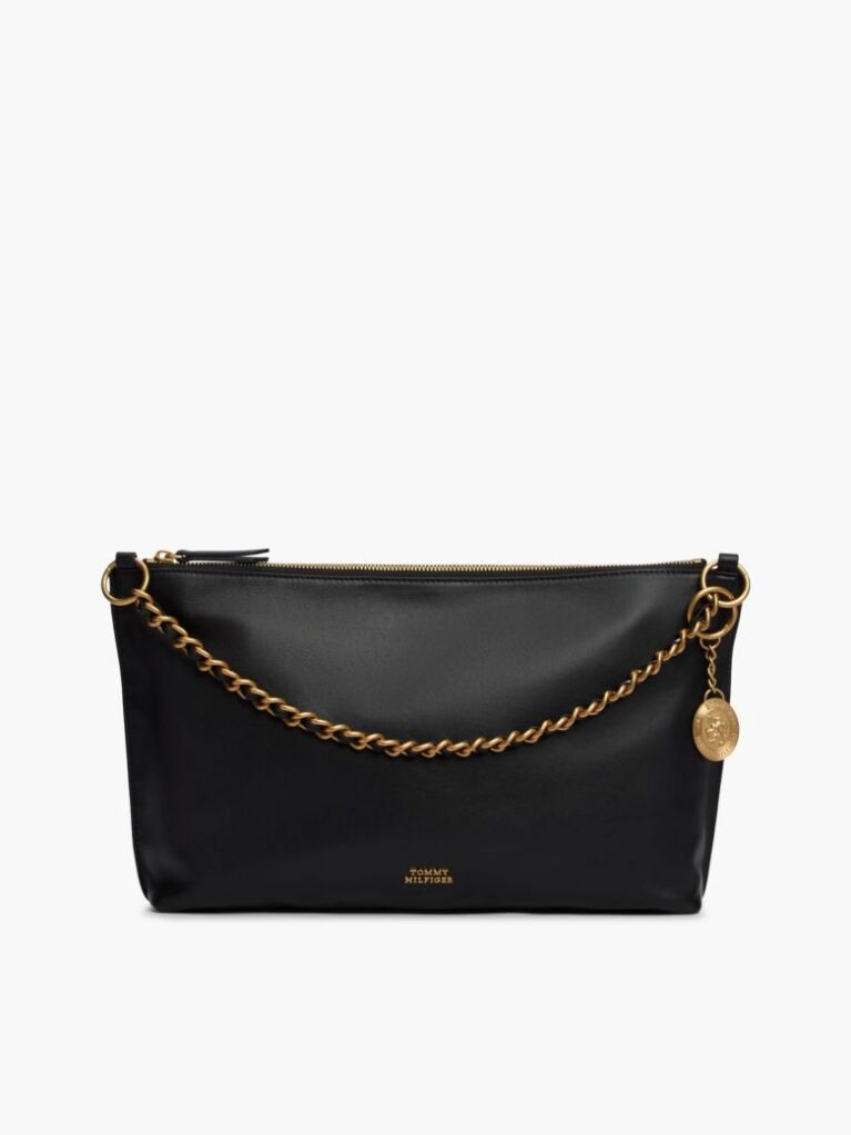 Black Leather Chain Strap Shoulder Bag  Women