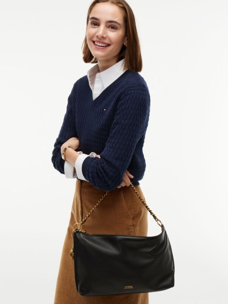 Black Leather Chain Strap Shoulder Bag  Women