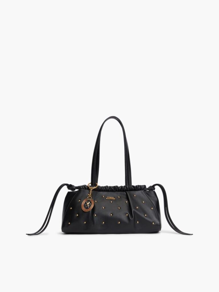 Black Soft Leather Studded Charm Shoulder Bag  Women