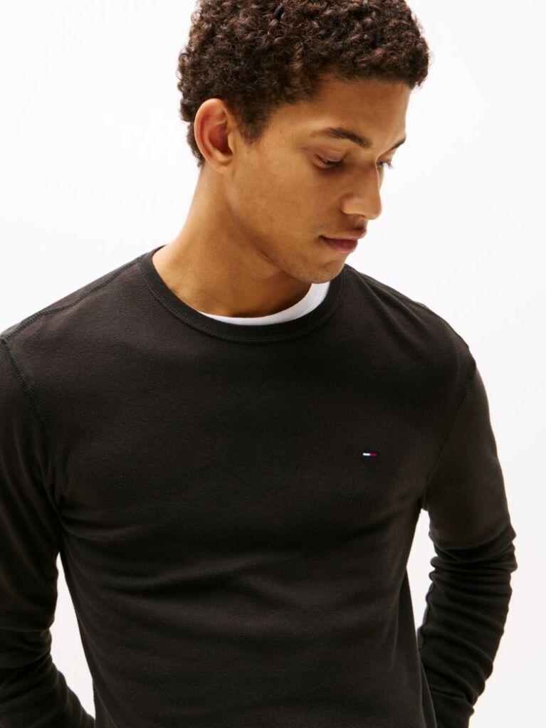 Black Long Sleeved Ribbed Organic Cotton T-Shirt.  Men