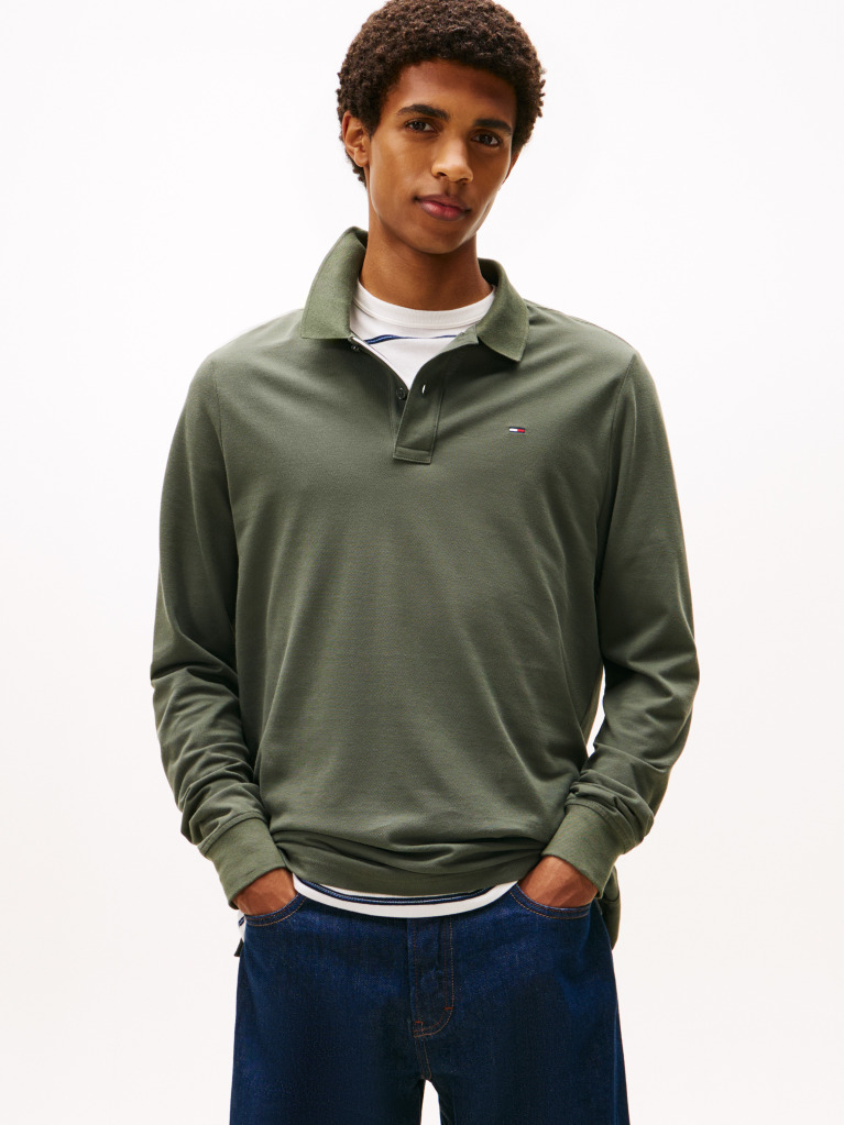 Green Slim Placket Long Sleeve Polo  Men