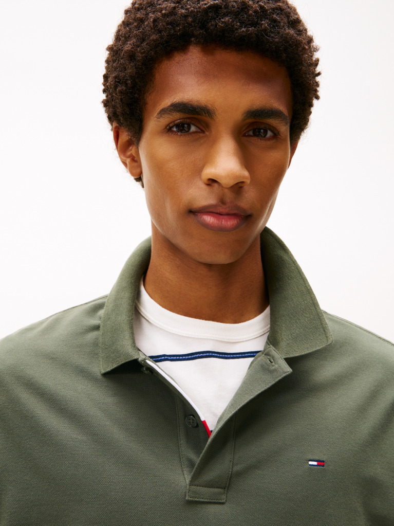 Green Slim Placket Long Sleeve Polo  Men