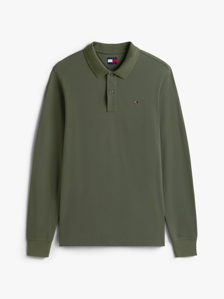 Green Slim Placket Long Sleeve Polo  Men