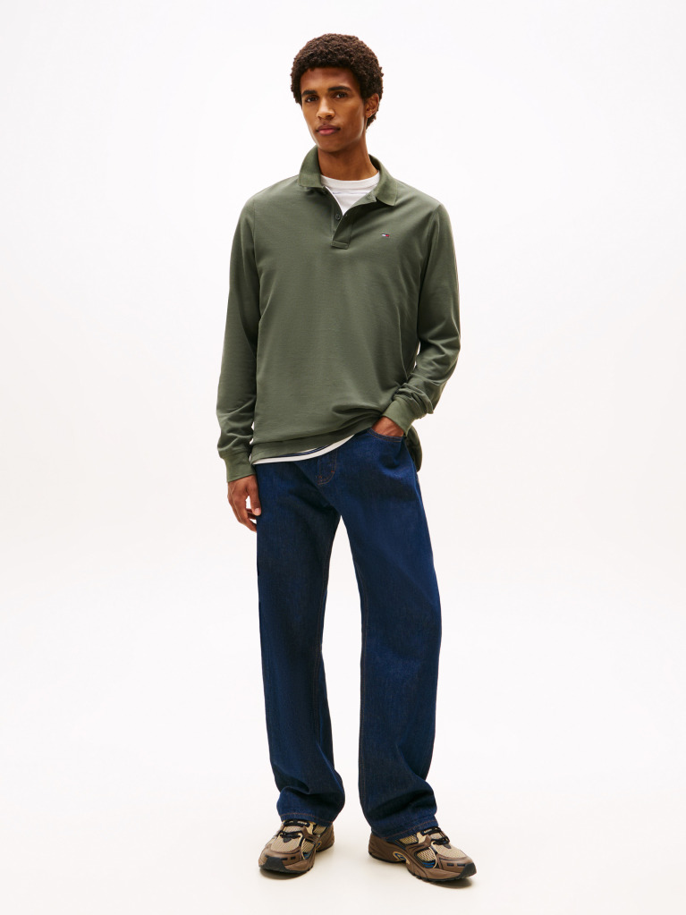 Green Slim Placket Long Sleeve Polo  Men