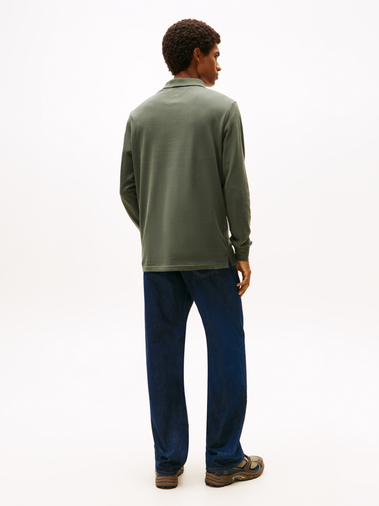 Green Slim Placket Long Sleeve Polo  Men