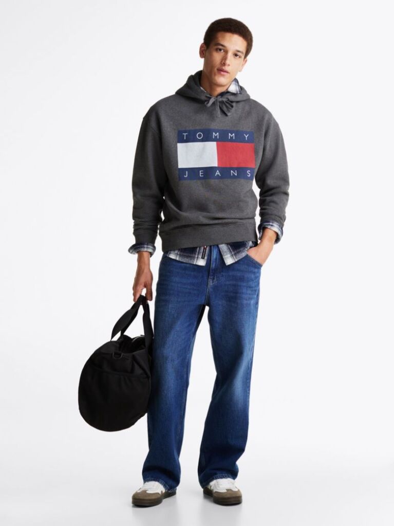 Grey Tommy Flag Badge Mélange Relaxed Hoody  Men