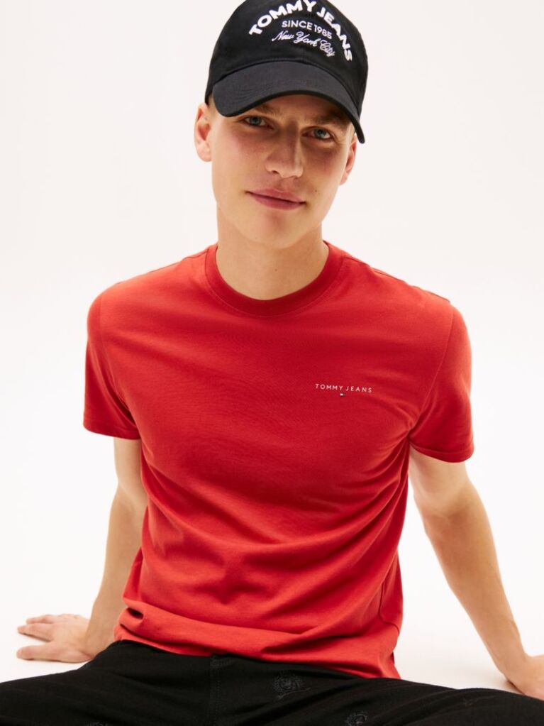Red Linear Logo Slim Crew Neck T-Shirt  Men