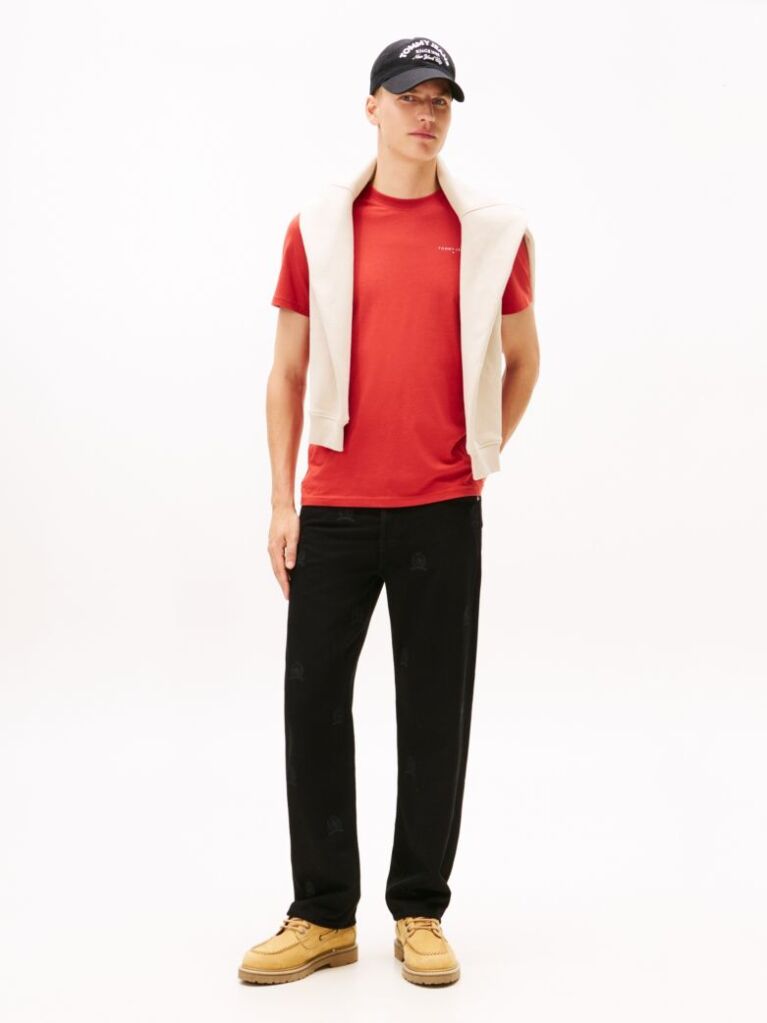 Red Linear Logo Slim Crew Neck T-Shirt  Men