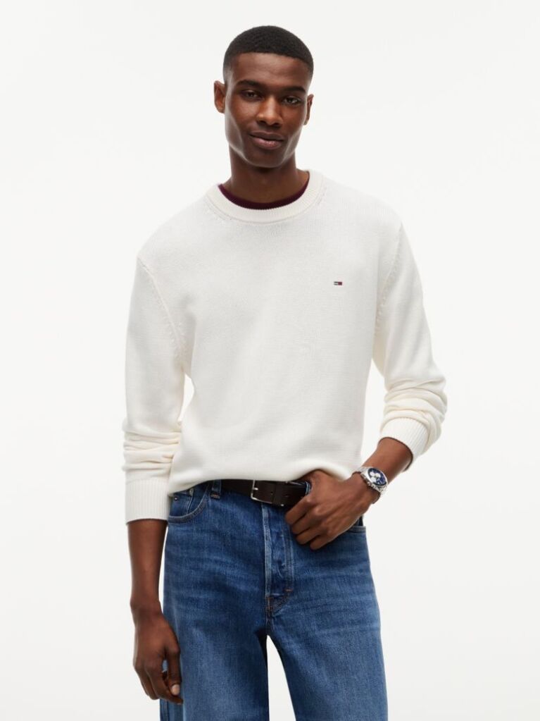 White Crew Neck Slim Jumper  Men