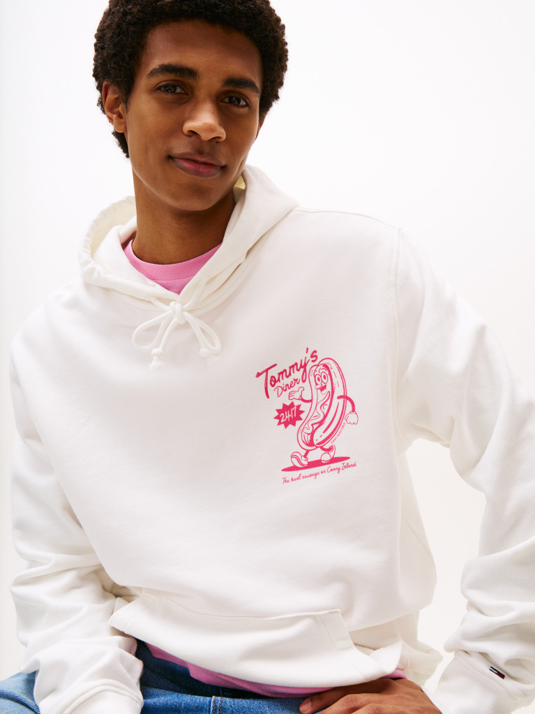 Άσπρο Hoody Σε Κανονική Γραμμή Με Κουκούλα Και Σχέδιο Πίσω  Άνδρες