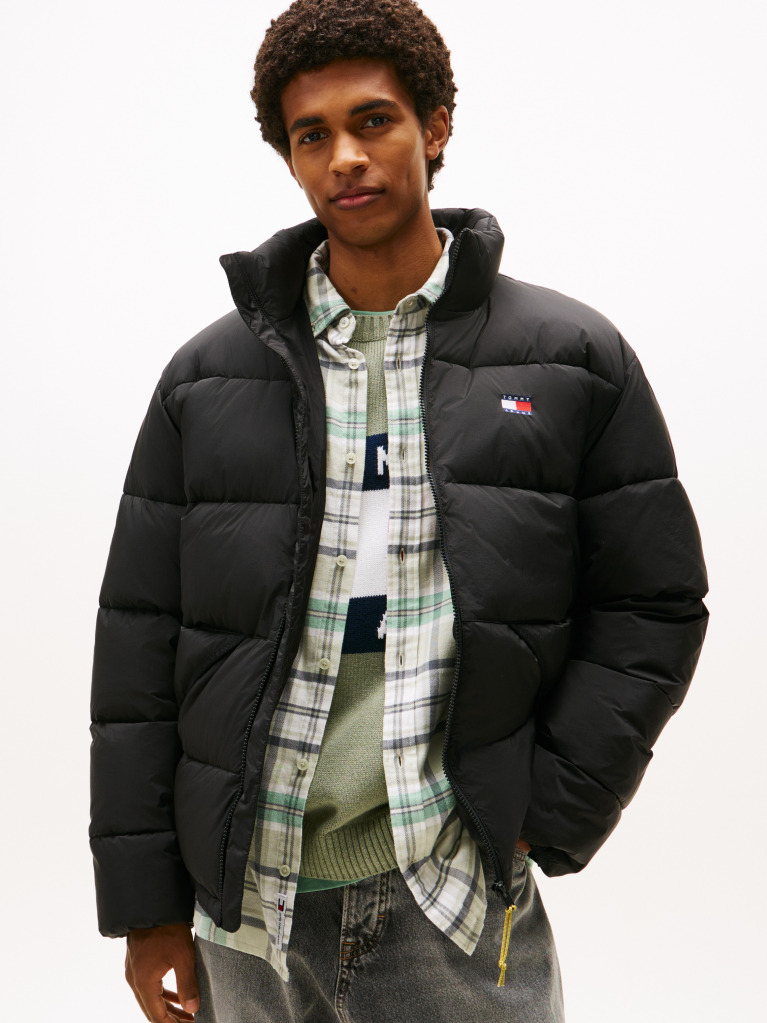 Black Water Repellent Crinkle Relaxed Puffer Jacket  Men