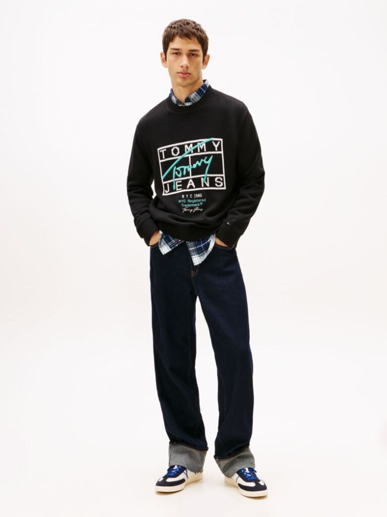 Black Intarsia Logo Crew Neck Jumper  Men