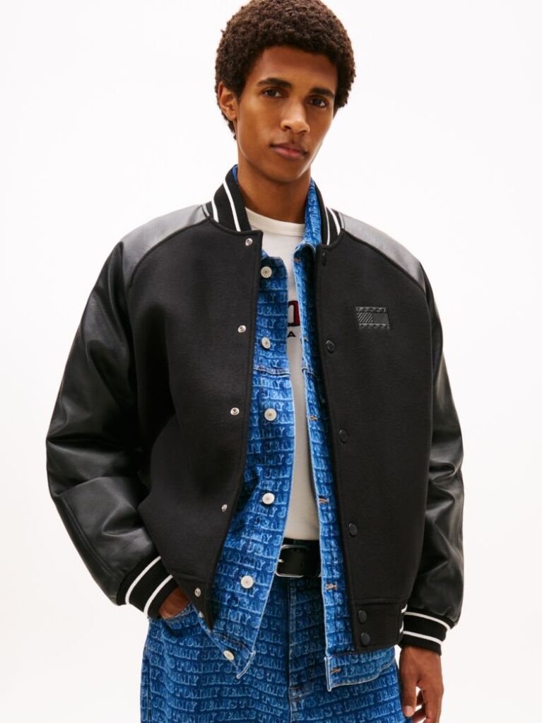 Black Back Flag Badge Varsity Jacket With Wool  Men