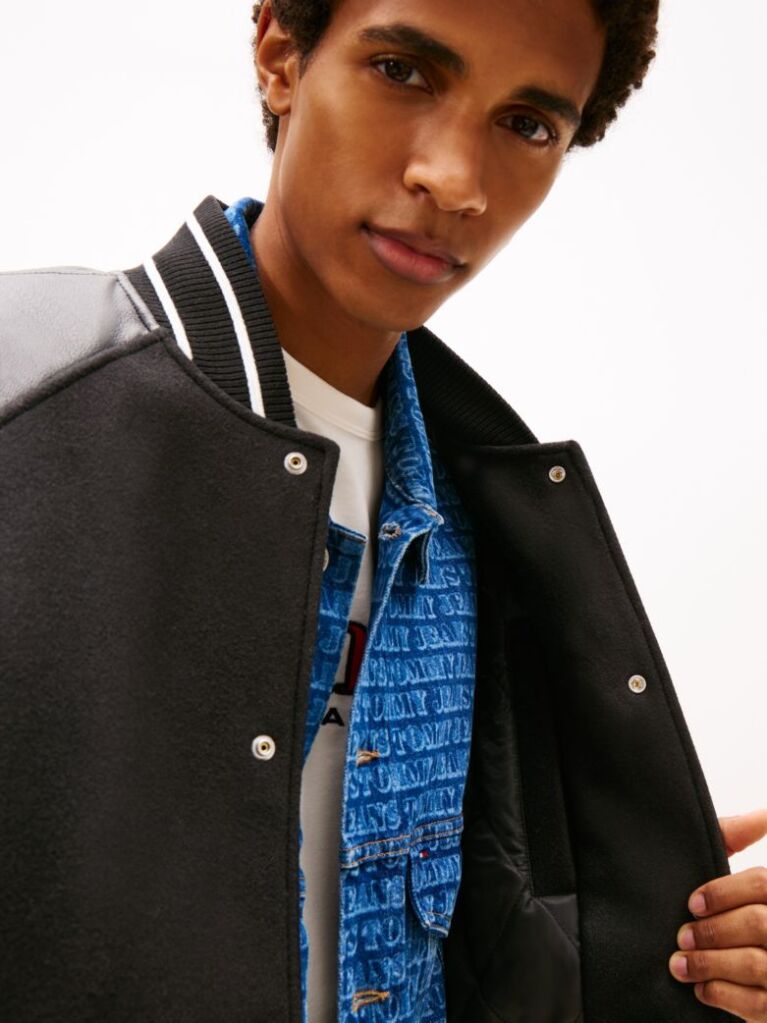 Black Back Flag Badge Varsity Jacket With Wool  Men