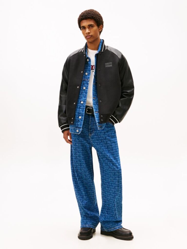 Black Back Flag Badge Varsity Jacket With Wool  Men
