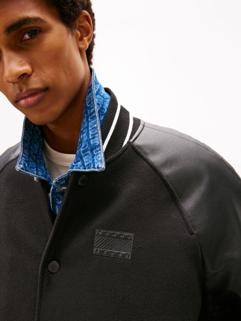 Black Back Flag Badge Varsity Jacket With Wool  Men
