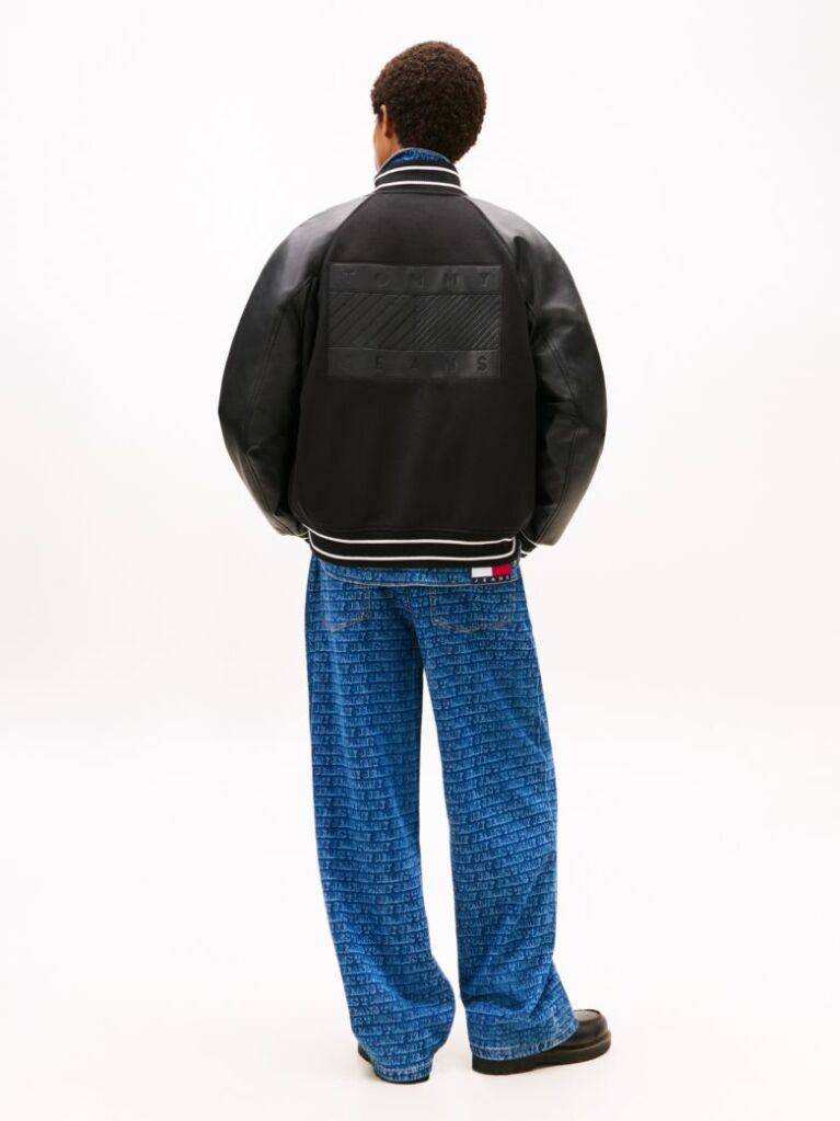 Black Back Flag Badge Varsity Jacket With Wool  Men