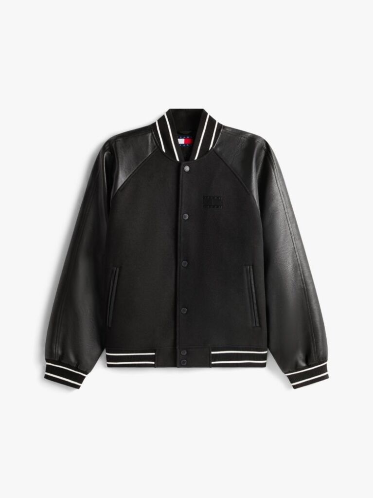 Black Back Flag Badge Varsity Jacket With Wool  Men