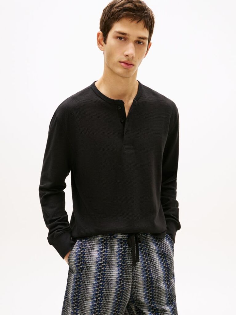 Black Waffle Knit Long Sleeve Henley Top  Men