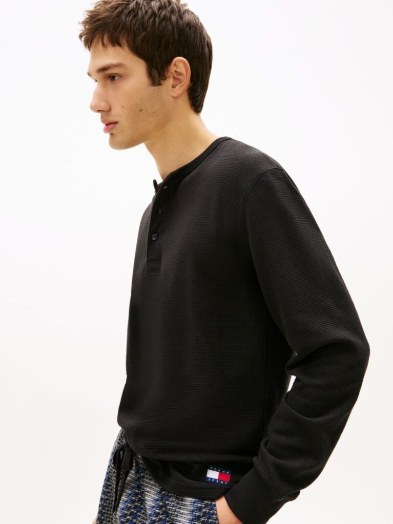 Black Waffle Knit Long Sleeve Henley Top  Men
