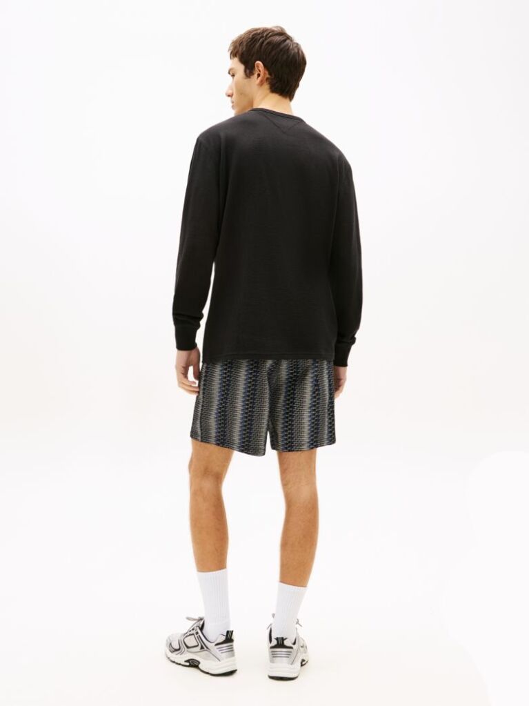 Black Waffle Knit Long Sleeve Henley Top  Men