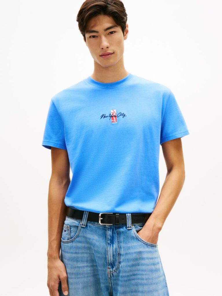 Blue Signature Logo Embroidery Crew Neck T-Shirt  Men