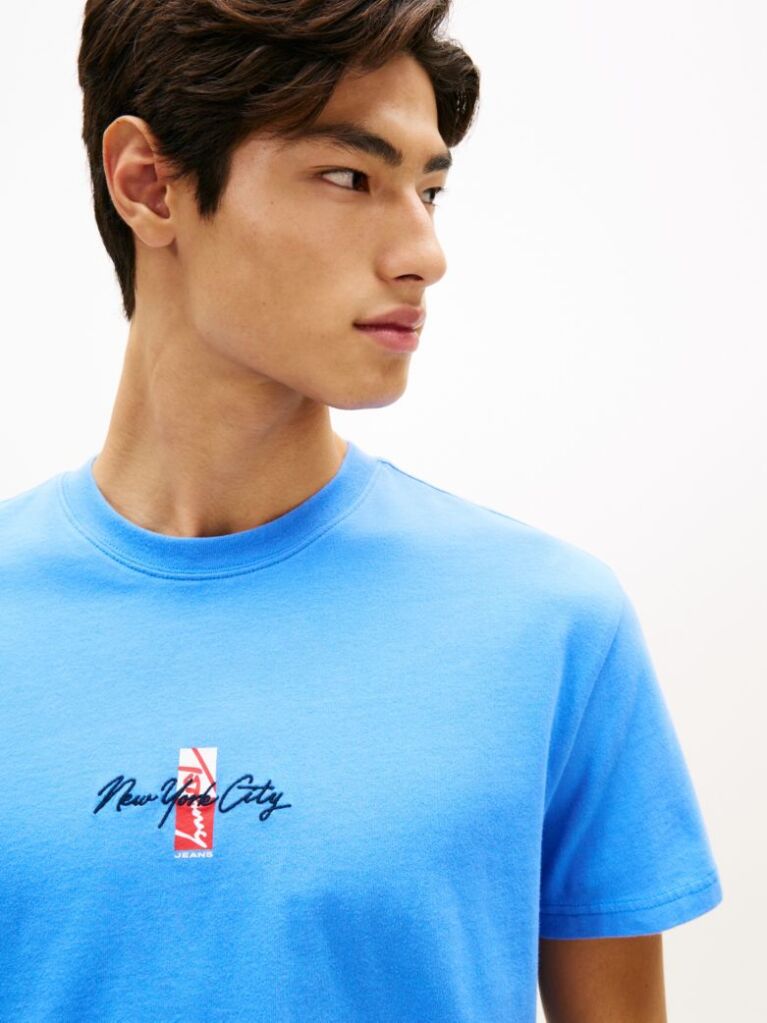 Blue Signature Logo Embroidery Crew Neck T-Shirt  Men