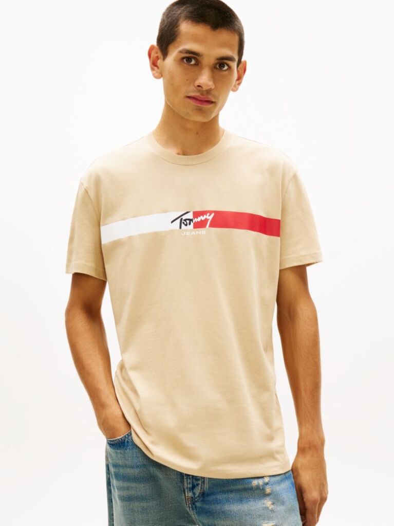 Μπεζ Βαμβακερό T-Shirt Με Signature Λογότυπο  Άνδρες