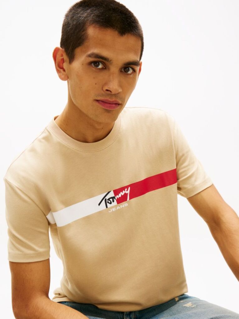Μπεζ Βαμβακερό T-Shirt Με Signature Λογότυπο  Άνδρες
